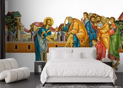 Maundy. Jesus Christ washing apostles feet, Biblical series. Christian religious illustration in Byzantine style isolated on white background Wall mural