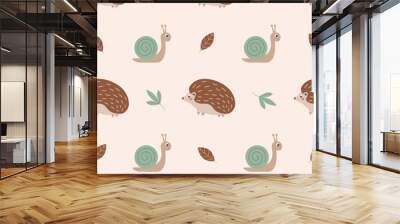 Autumn seamless pattern with cute hedgehog, snail and leaves. Fall or woodland animals theme wallpaper. Suitable for decorating kids' projects. Hand drawn vector illustration on pastel background.  Wall mural