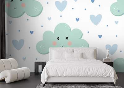 Baby green and blue cloud seamless pattern. Children vector illustration. Digital paper for kids. Heart theme. Wall mural