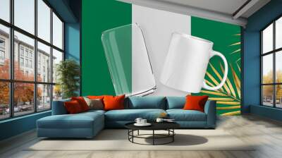 Patriotic can glass and mug mock up on background in colors of national flag. Nigeria Wall mural