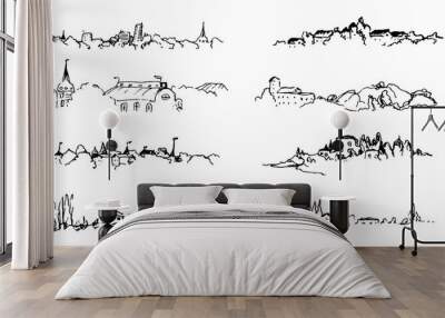 Landscape ink sketch set. Rural places, small houses. farms, city view horizontal illustrations. Wall mural