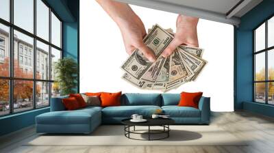 Person hands holding fanned out American US cash money dollars isolated cutout on transparent Wall mural