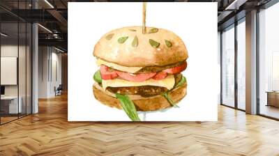 Delicious Burger with cheese, tomato and lettuce on a bun with pumpkin seeds. Watercolor illustration isolated on white background. Vector Wall mural