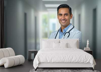 Portrait of friendly male doctor in workwear with stethoscope on neck posing with folded arms in clinic interior, looking and smiling at camera, copy space Wall mural