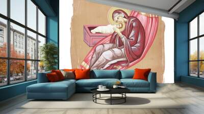 Saint Mary with Jesus Christ baby. Christian illustration in Byzantine style isolated Wall mural