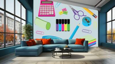 School and office supplies vector set background with colorful school items and stationery collection in white background. Vector illustration. Wall mural