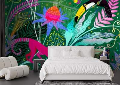 Seamless tropical pattern with colorful flowers, monkey, bird toucan and butterfly Wall mural