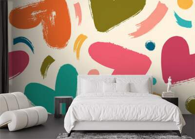 Seamless vector pattern with hand drawn hearts, brush stroke and dots. Wall mural