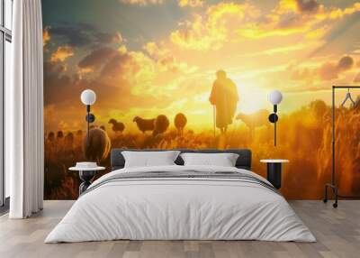 Shepherd Jesus Christ leading the flock and praying to Jehovah God and bright light sun and Jesus silhouette background in the field Wall mural