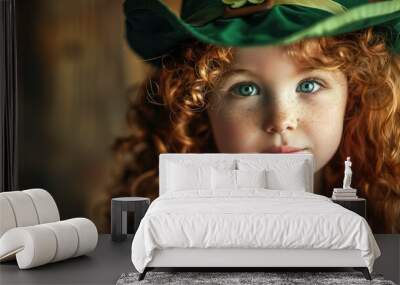 St. Patrick’s Day Celebration: Portrait of a Cute Little Girl with Curly Red Hair Wearing a Green Leprechaun Hat Wall mural