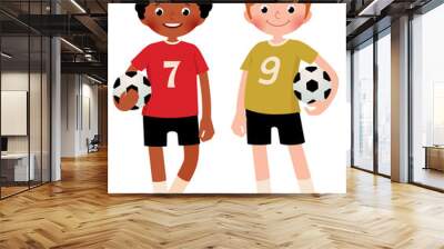 Stock vector illustration of two children boys football players Wall mural