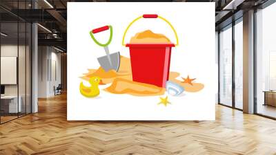 Summer time flat design. Vector. Beach toys isolated. Pail, shovel, starfish, bucket, duckling, shell, sand. Wall mural