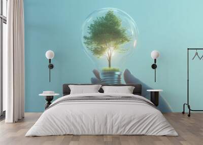 sustainable environment and nature protection. hand holding lightbulb with growing tree inside in clean environment. creative idea for sustainable development goal in renewable energy. 3D vector. Wall mural