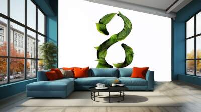 the number eight is cut out in white paper and filled with green leaves. silhouette number 8 with green leaves Wall mural