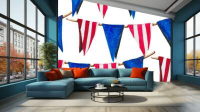 The pattern with flags is like a festive decor for Independence Day. Watercolor pattern on a white background, seamless red stripes and blue flags Wall mural