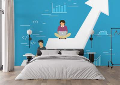 Business growth concept illustration of business people working together as team and sitting on the big arrow. Flat people working with laptops to develop business. Blue business poster Wall mural