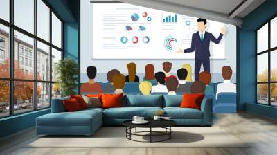 Business seminar speaker doing presentation and professional training about marketing, sales and e-commerce. Flat illustration of public conference and motivation for business audience Wall mural