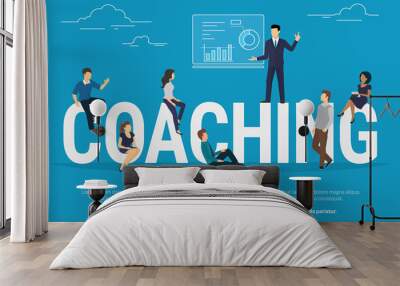 Coaching concept illustration of business people attending the professional training with professional high skilled coach. Flat design of guys and young women sitting on the big letters Wall mural