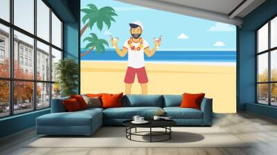 Happy young man enjoying and drinking cocktails on the beach with palm trees. Landscape illustration in flat modern style of summer vacation and traveling  Wall mural