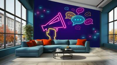 Megaphone shouting out with speech bubbles banner for social networks in neon light style on dark background Wall mural