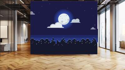 Night cityscape flat vector illustration of dark urban midnight panoramic view. Landscape background of bright moon in clouds with stars and city silhouette and copy space for text Wall mural