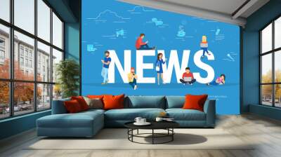 Online breaking news concept vector illustration. Young men and women are standing near big letters and using their own smart phones for reading news. Flat design of broadcasting on blue background Wall mural