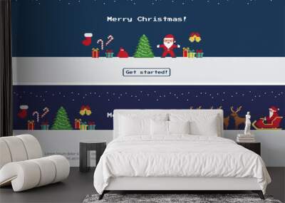 Pixel christmas banners set of Santa Claus dancing near christmas tree, red sock, gift and sweets, Santa riding reindeers on xmas sleigh to wish you happy new year. Two website banners with copy space Wall mural