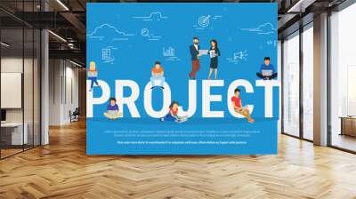 Project teamwork concept illustration of business people using laptops. Manager, designer, programmer and other colleagues working together as team. Flat design for website banner and landing page Wall mural