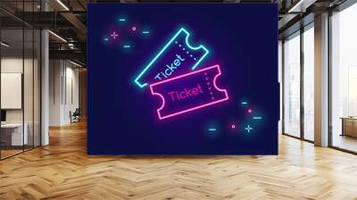 Two tickets banner for social networks in neon light style on dark background Wall mural