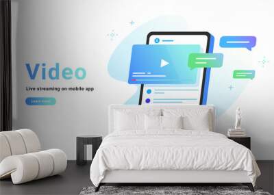 Video watching and live streaming on mobile app. Gradient vector illustration of smartphone screen with online video and speech bubbles as comments. Promo banner for socila media on white background Wall mural