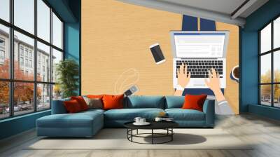 Woman sitting on the wooden textured floor and working with laptop in social networks. Realistic illistration top view of people relaxing at home using laptop and typing  Wall mural