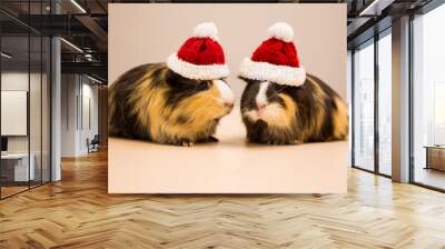 Two little guinea pig in santa claus hat Wall mural