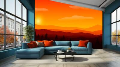 Orange landscape. Sunrise sunset landscape with hills and trees. Vector illustration. Wall mural