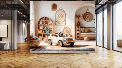 Cosy kidsroom interior in eco style with natural materials. AI generated. Wall mural