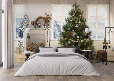 New year tree in scandinavian style interior with christmas decoration and fireplace
 Wall mural