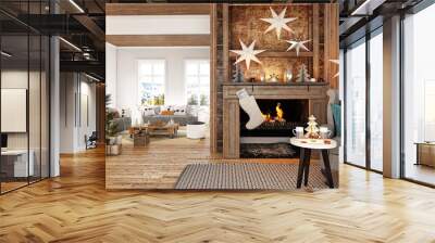 New year tree in scandinavian style interior with christmas decoration and fireplace Wall mural