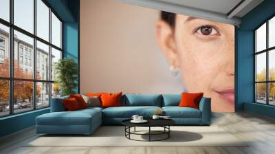 Closeup, portrait and woman with mockup, eye and freckles with goals, vision and clear vision. Face, female person and model with eye care, split in half and confident with skincare, idea and facial Wall mural