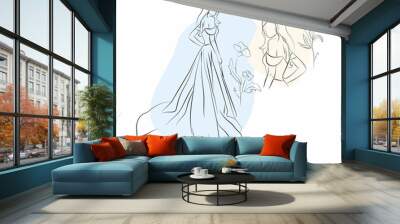 Vector illustration of a bride in wedding dress with floral ornament and abstracts Wall mural