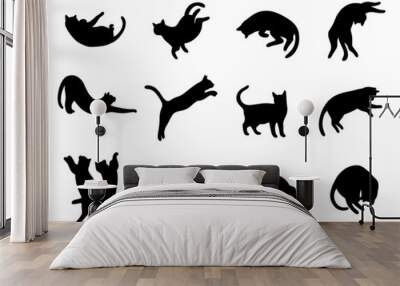 Vector set cat silhouette, different poses, black color, isolated on white background Wall mural