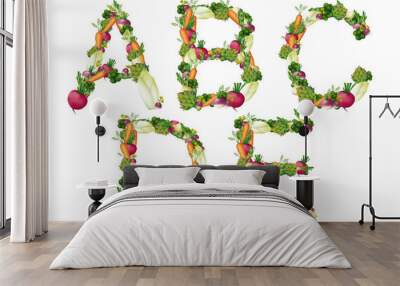 Vegan, vegetarian healthy RAW latin alphabet. Bright vegetable isolated font on white background. Part 1 Wall mural