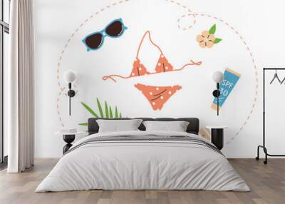 Women beach items. Female clothing. Sunscreen, bikini, sunglasses. Summer clothes for beach holiday. Flat vector illustration isolated on white background. Wall mural