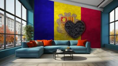 Wooden basket heart form on background of national flag. Photography and marketing digital backdrop. Andorra Wall mural