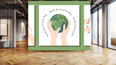 World Environment Day, june 5. Happy Mother Earth Day, Earth Hour. Environment protection. Hands hold planet gently. Vector flat cartoon illustration. Perfect for card, poster, flyer, banner design Wall mural