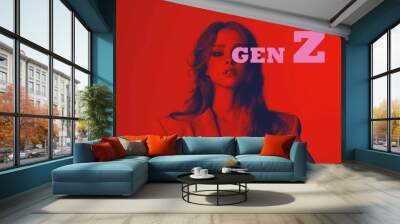 Young beautiful girl from generation z with wavy hair in red light. Confident girl in a jacket. Creative colorful monochrome fashion portrait with lettering GEN Z Wall mural