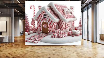 3d cartoon house made of christmas striped candy canes, gingerbread and icing on white background, new year house model, seasonal treat, sweet holiday food, december, xmas Wall mural