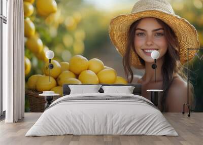 beautiful smiling young italian woman holding basket full of lemons against lemon garden background, harvest, citrus, fresh fruit, girl, nature, gardening, female portrait, summer, autumn, vitamin C Wall mural