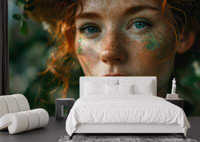 beautiful young red-haired woman with makeup in green tones and emerald clothes at the St. Patrick's Day carnival, national Irish holiday, Ireland, festival, symbol, shamrock, stylish image, girl Wall mural