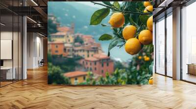 branches with ripe yellow lemons frame view of italian city, harvest, citrus, garden, tropical plant, south, italy, architecture, houses, copy space, place for text, wallpaper, postcard Wall mural