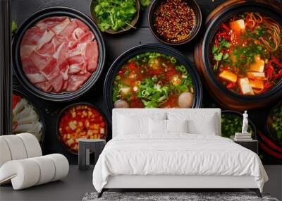 Chinese hotpot with broth, meat, vegetables in bowls, top view, traditional food, national dish, Asian cuisine, China, greens, plates, delicious Wall mural