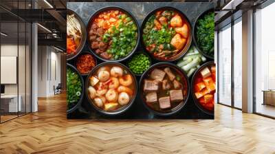 Chinese hotpot with broth, meat, vegetables in bowls, top view, traditional food, national dish, Asian cuisine, China, greens, plates, delicious Wall mural